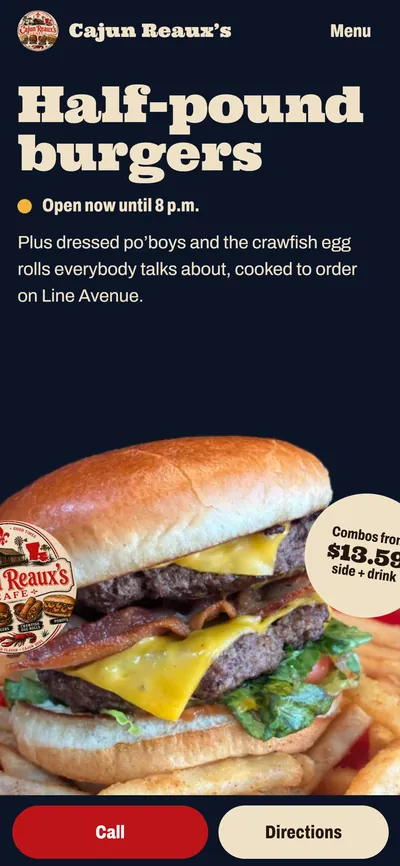 Cajun Reaux’s demo on a phone: “Half-pound burgers” over a stacked bacon cheeseburger, the round badge and “Combos from $13.59”.