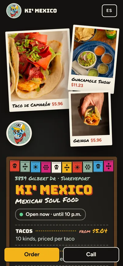 Ki’ Mexico demo on a phone: polaroid photos of tacos with their prices, the calavera badge and a string of papel picado.