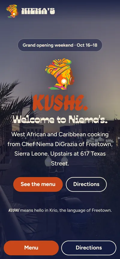 Niema’s demo on a phone: the head-wrap logo over Texas Street at dusk, “Kushe. Welcome to Niema’s.”, and buttons for the menu and directions.