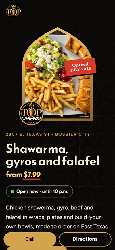 Top Shawarma demo on a phone: a plate inside a gold arch, the crown logo, and “Shawarma, gyros and falafel from $7.99”.
